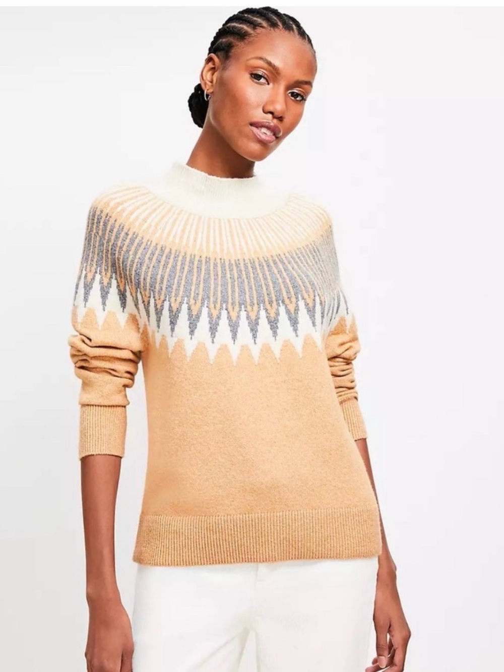 LOFT Tan Cream and Gray Fair Isle Turtleneck Sweater